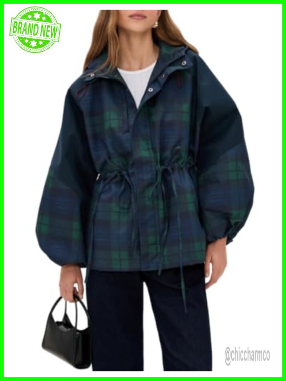 Women's Plaid Raincoat Waterproof Hooded Windbreaker Rain Jacket